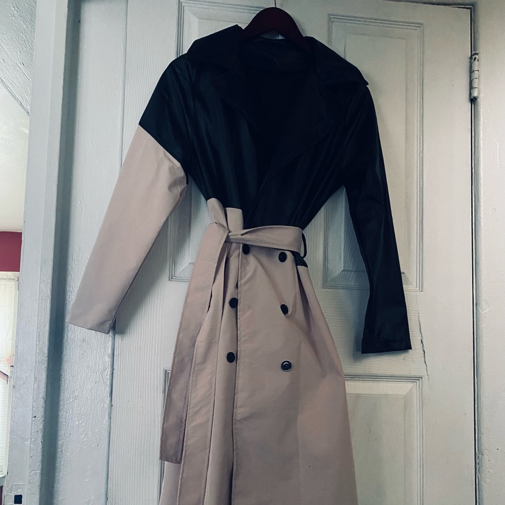 Black and Tan faux upper leather below the knee length trench